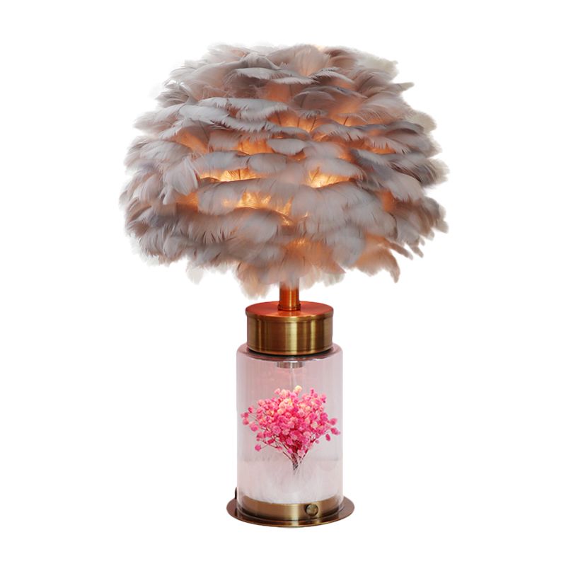 Feather Globe Study Lamp Nordic 1 Bulb Desk Light with Bottle Base and Inner Flower Decor in Grey/White/Pink