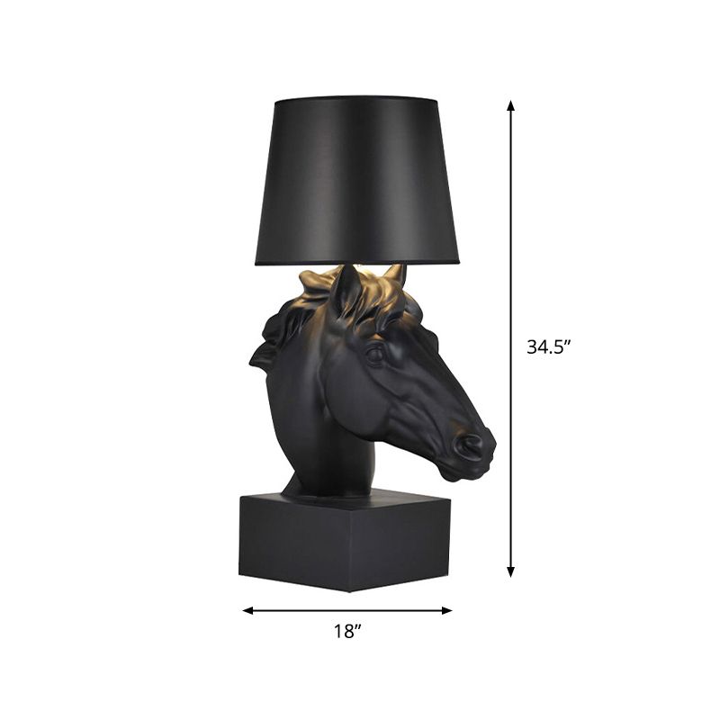 1 Bulb Fabric Table Lighting Country Style Black Tapering Parlor Night Lamp with Steed Head Base