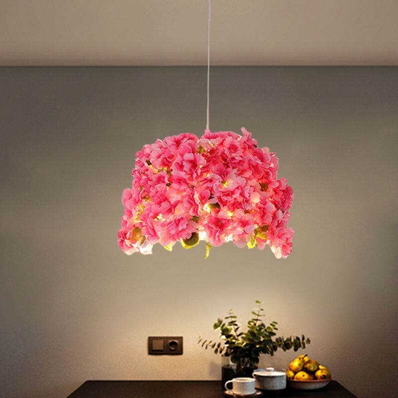 1 Bulb Metal Drop Pendant Factory Pink Bucket Restaurant Pendulum Light with Artificial Sakura Deco