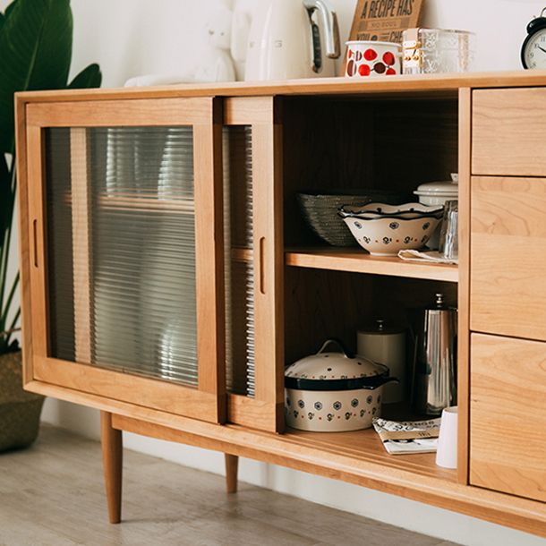 3-Drawer Pine Wood Credenza Modern Glass Sliding Door Cabinets Sideboard for Living Room