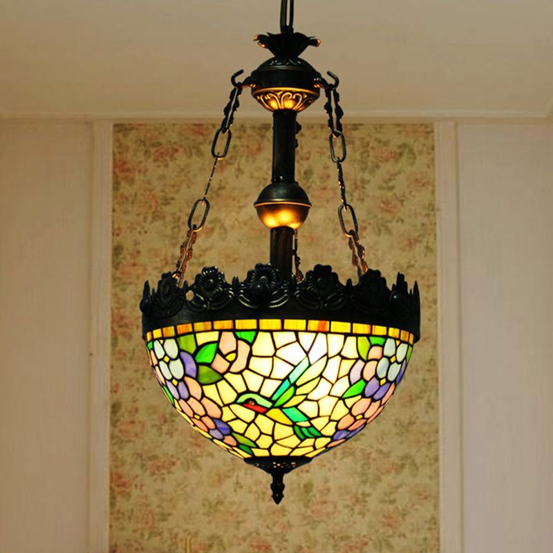 12"/16" Wide Antique Brass Floral Ceiling Chandelier Tiffany Style 3 Lights Stained Glass Hanging Lamp Kit