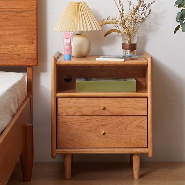 Modern Solid Color Bedside Table Wooden 2-Drawer Kids Nightstand