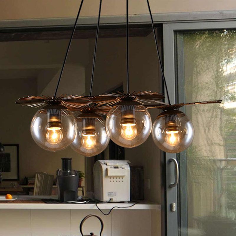 4 Bulbs Ceiling Chandelier Industrial Coffee House Pendant Light Fixture with Globe Amber Glass Shade