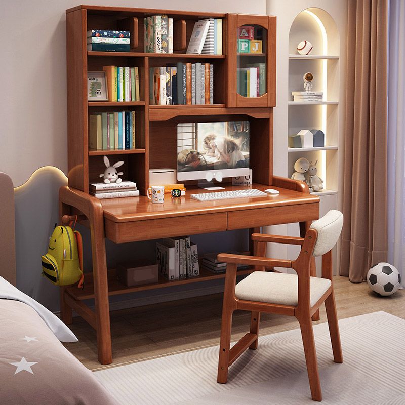 Solid Wood Study Desk Ergonomic Home Desk with Chair with Bookshelf