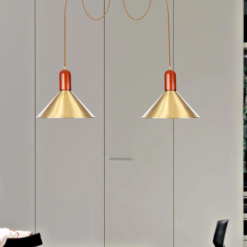 2/4/3 Heads Cone Multi Pendant Chandelier Industrial-Style Gold Finish Metal Swag Hanging Light Kit