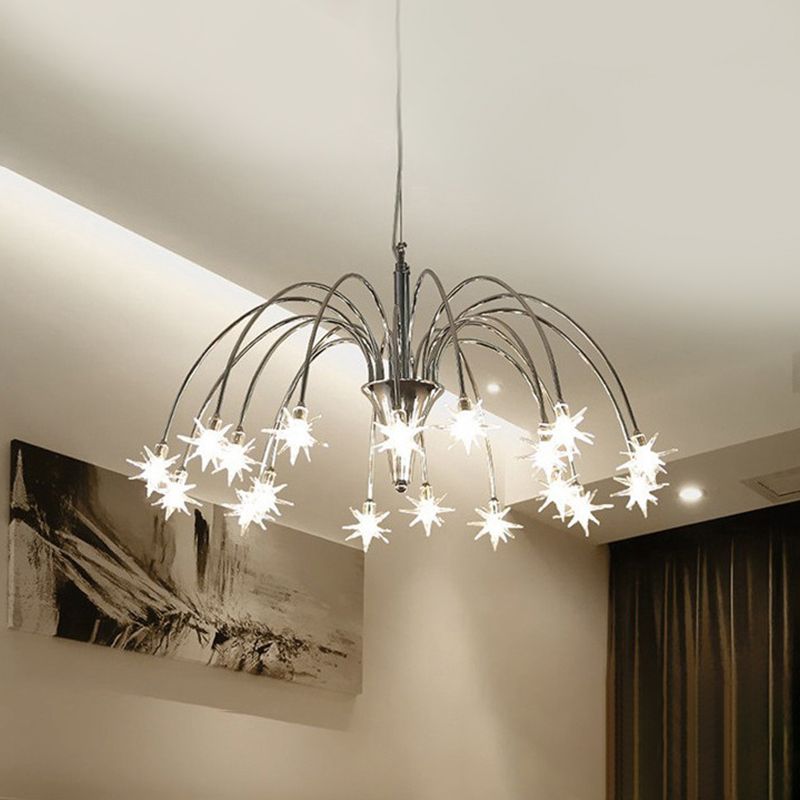 Modern Stylish Starry Clear Glass Pendant 18 Heads Chandelier Light Fixture with Chrome Arched Arm