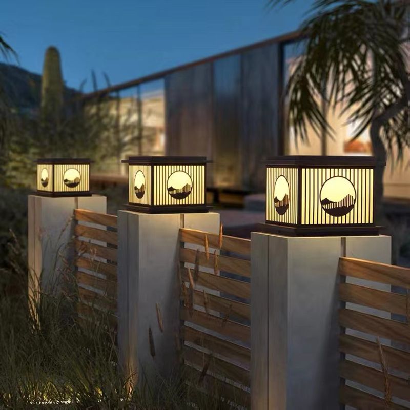 Metal Square Shape Outdoor Lights Modern Style 1 Light Solar Pillar Lamp in Black