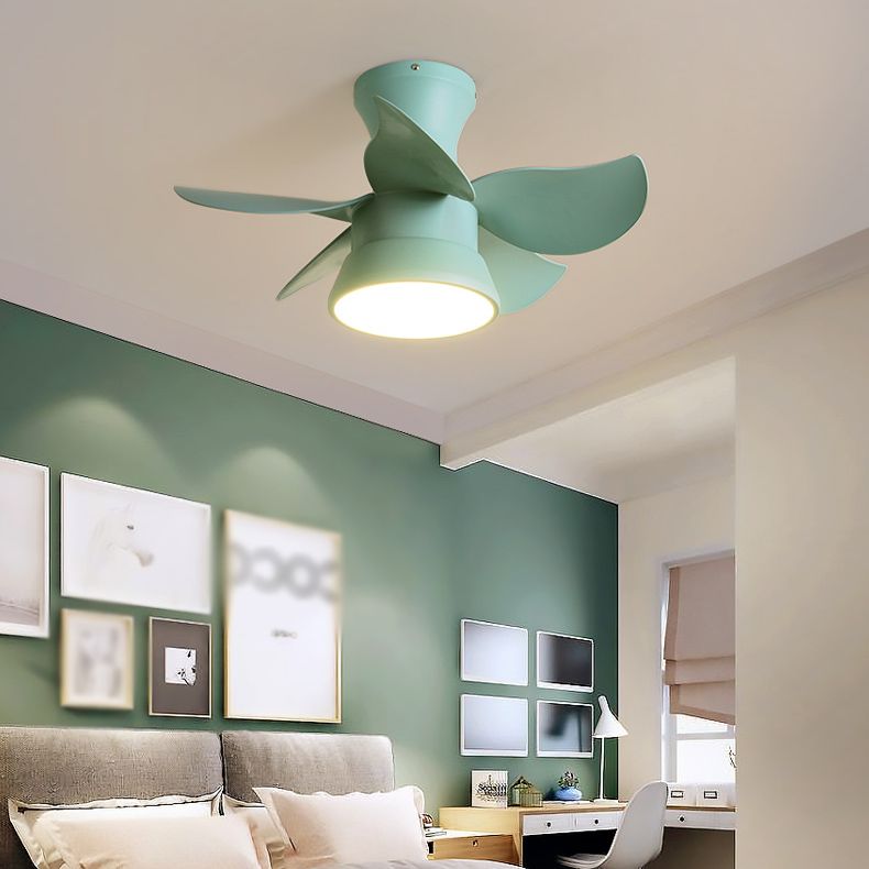 Macaron Style Ceiling Fan Lamp Frequency Conversion Kids Room LED Semi Flush Light