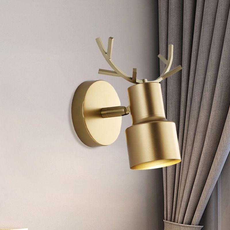 1-Light Bedroom Wall Lamp Macaron Gold Antler LED Wall Light Fixture with Dual Drum Metal Shade