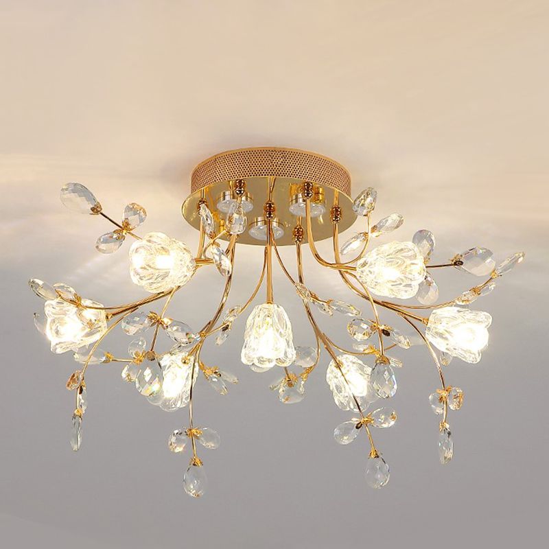 Blossom Crystal Semi Flush Light Contemporary 7-Head Bedroom Flush Mount Lamp in Gold