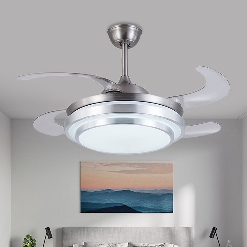 LED MÉTAL contemporain du plafond à anneau argenté LED 36 "W CHAMPS SEMI FUX LIGHT DIMINATEUR avec 4 lames, télécommande / mur / télécommande et contrôle mural