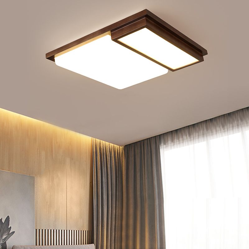 Brown Modern Wood Flush Mount Geometric Shape Ceiling Light with Acrylic Shade for Bedroom