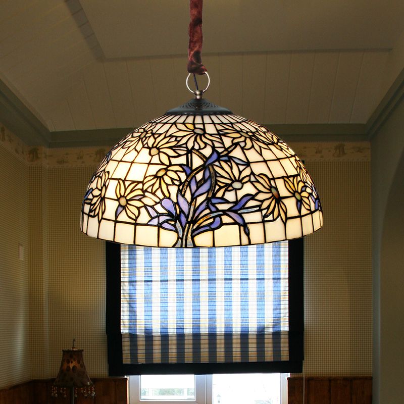 Pendre à 3 bulb lulier méditerranéen bol Tiffany en verre plafond Light avec motif de tournesol en blanc bleu