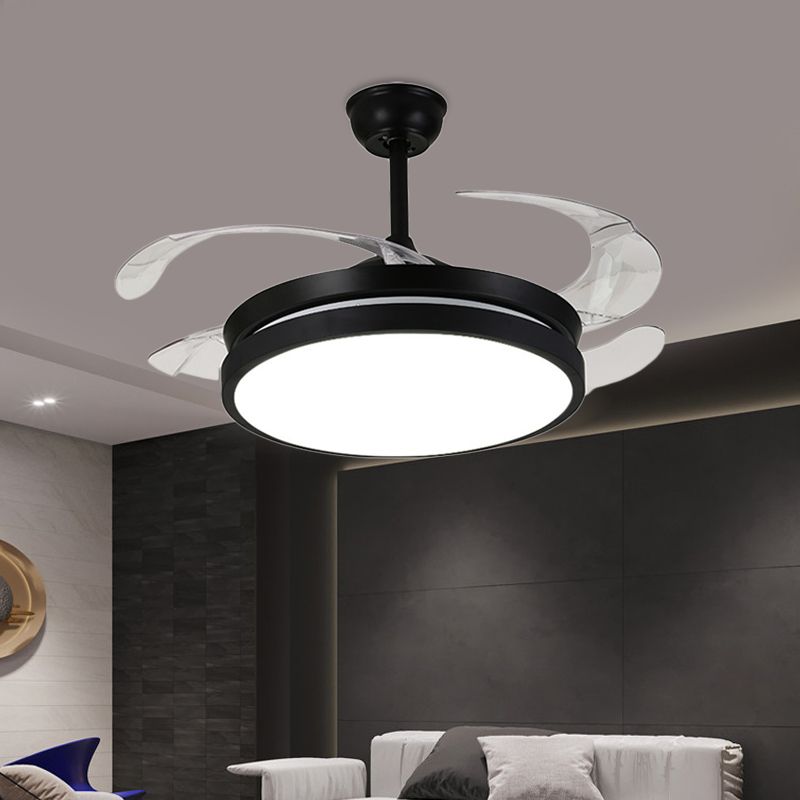 Contemporary Round Pendant Fan Lamp LED Metal 5 Clear Blades Semi Flush Light Fixture in Black for Living Room, 42" W