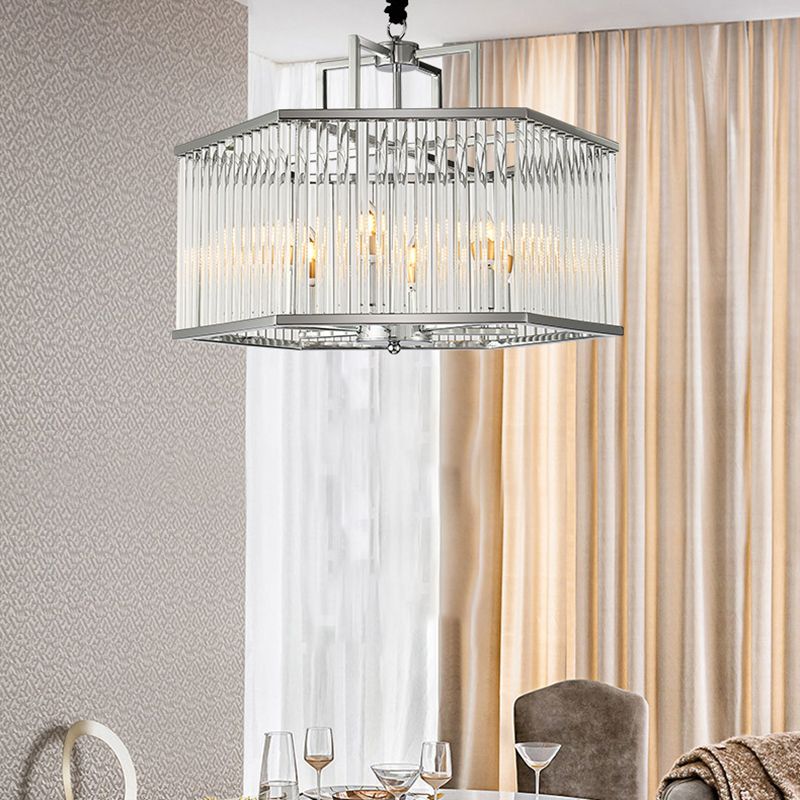 Modern 6-Light Chandelier Pendant with Clear Glass Shade Chrome Hexagonal Hanging Light Fixture