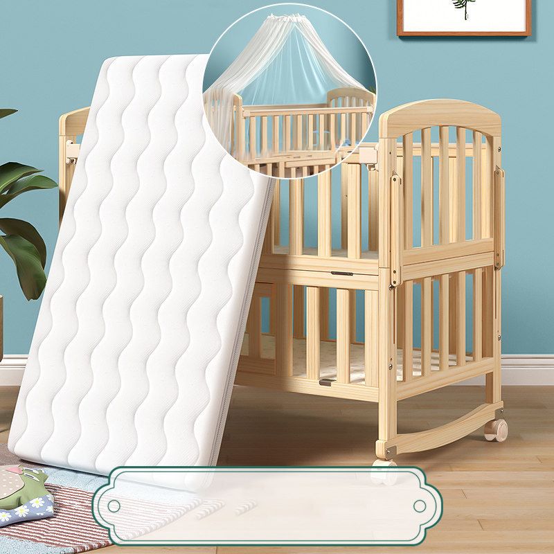 Pine Convertible Baby Crib Wood Nursery Crib with Guardrail and Wheels