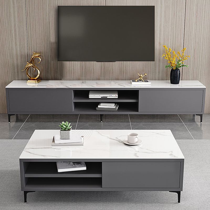 White and Black Slate TV Stand Open Storage TV Console with 2 Doors