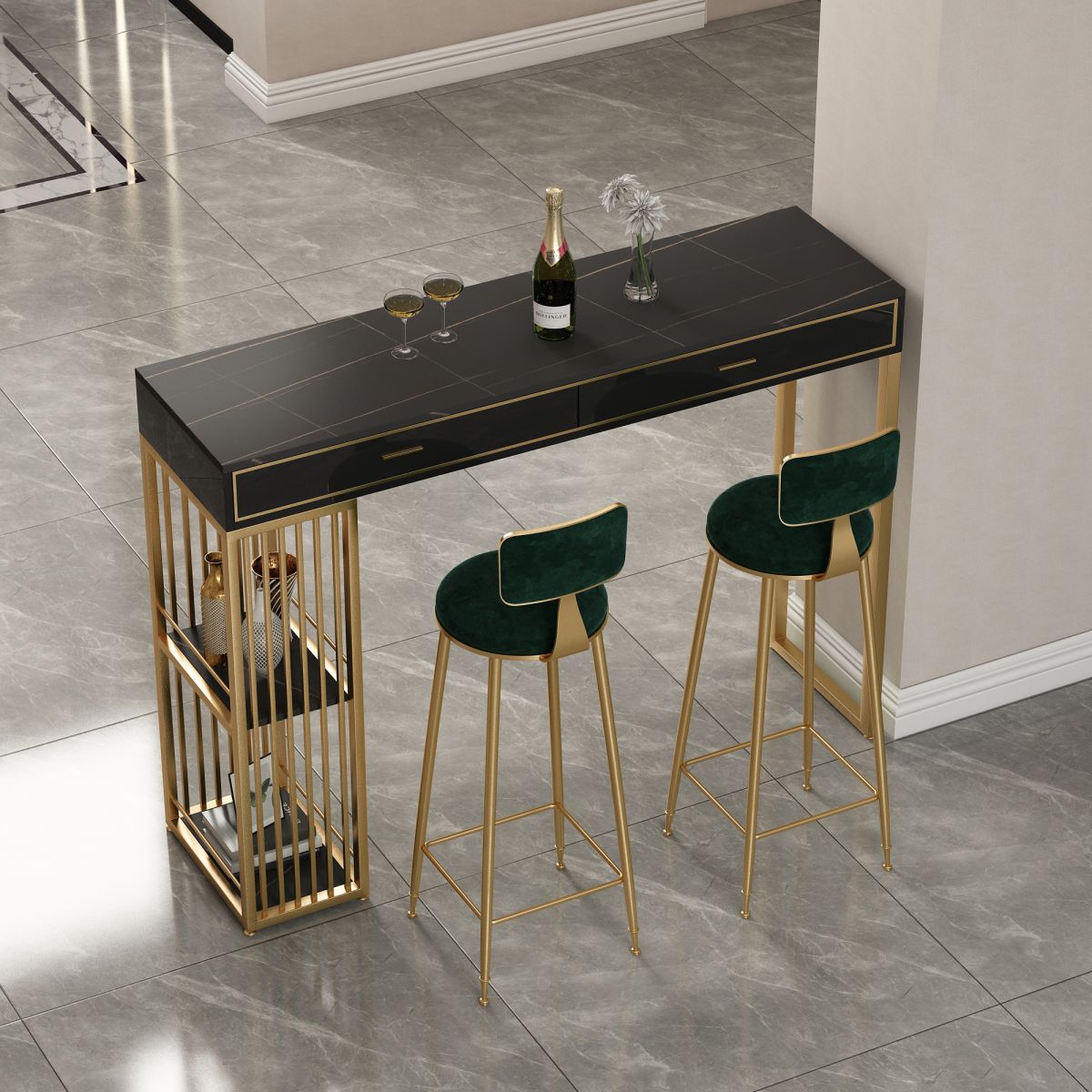 Nordic Style Storage Bar Table Stone Top Pub Table with 2 Drawers, Only Table