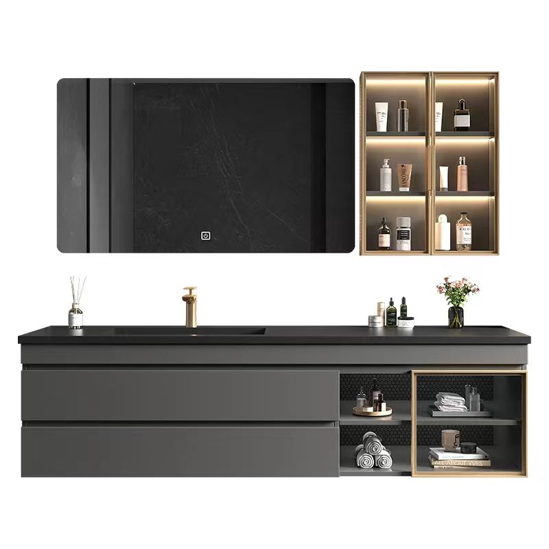 Wall-Mounted Vanity Grey Wood Frame Mirror Rectangle Single Sink Bath Vanity with Drawers