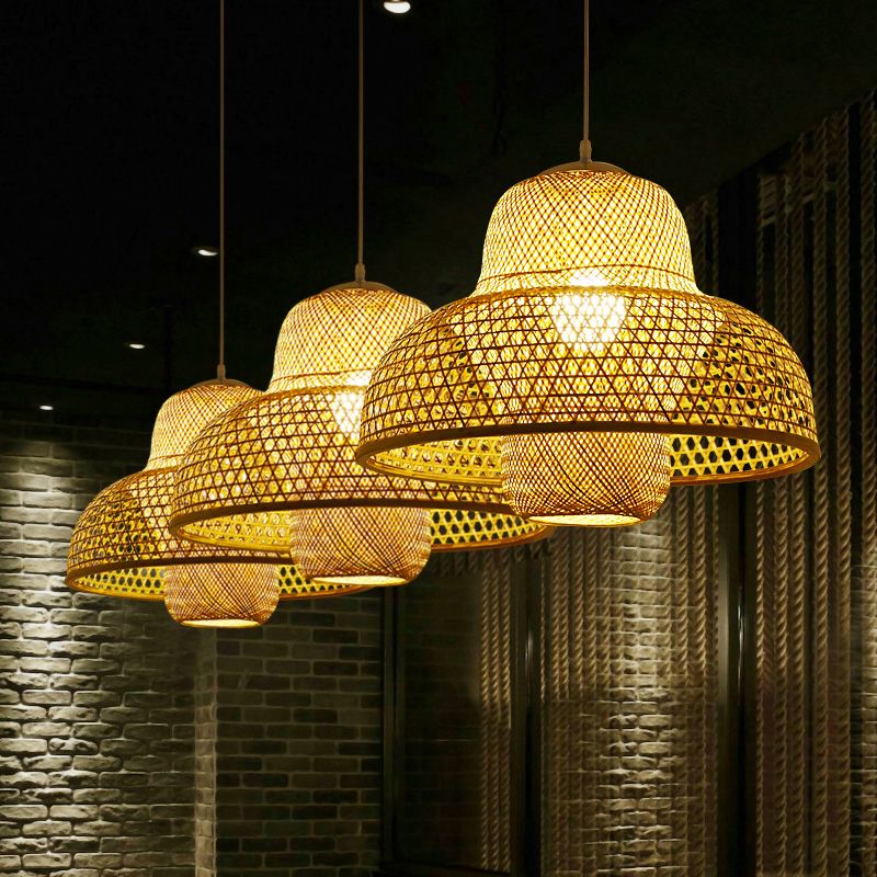 Rattan Hot Pot-Shaped Suspension Lighting Minimalist 1 Head Wood Pendant Ceiling Light