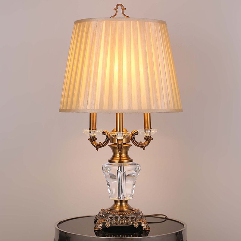 Fabric Pleated Desk Lamp Modern 1 Bulb Beige Table Light, Sculpted Bronze Metal Base