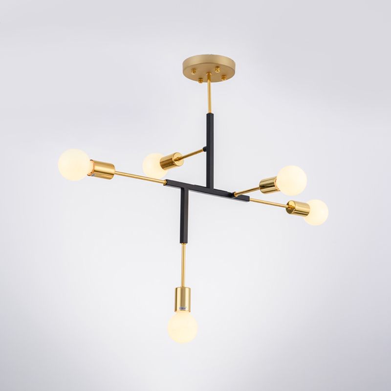 Vertical Exposed Metal Ceiling Light Postmodern 5 Heads Black/White and Gold Semi Flush Mount Chandelier