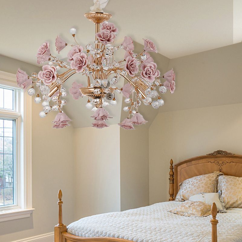 Luxury Crystal Chandelier Rural Ceramic Flower Sala de estar colgando Luz en rosa