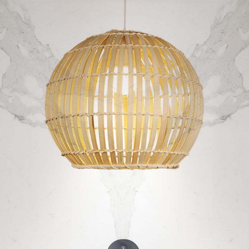 Bamboo Hand-Knitted Hanging Pendant Light with Globe Shade Modern 12"/16" Wide 1 Light Suspension Lamp in Beige