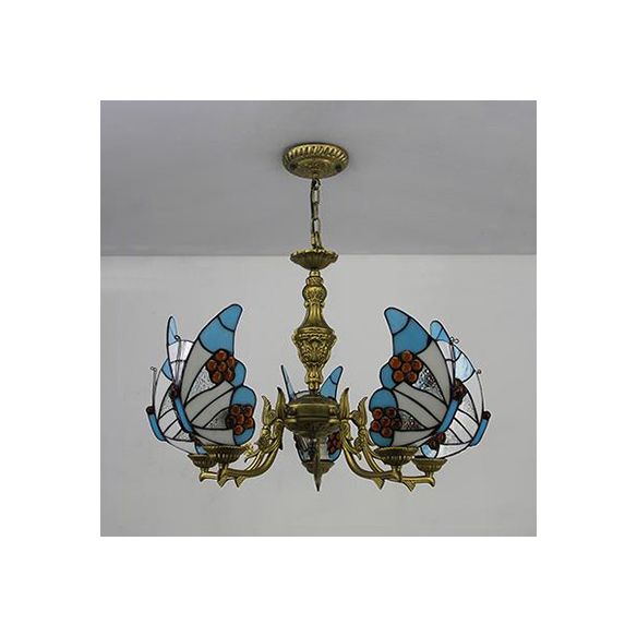 Loft Style Butterfly Ceiling Light Fixture with Adjustable Chain Stained Glass Foyer Pendant Light in White/Red/Blue/Orange-Green