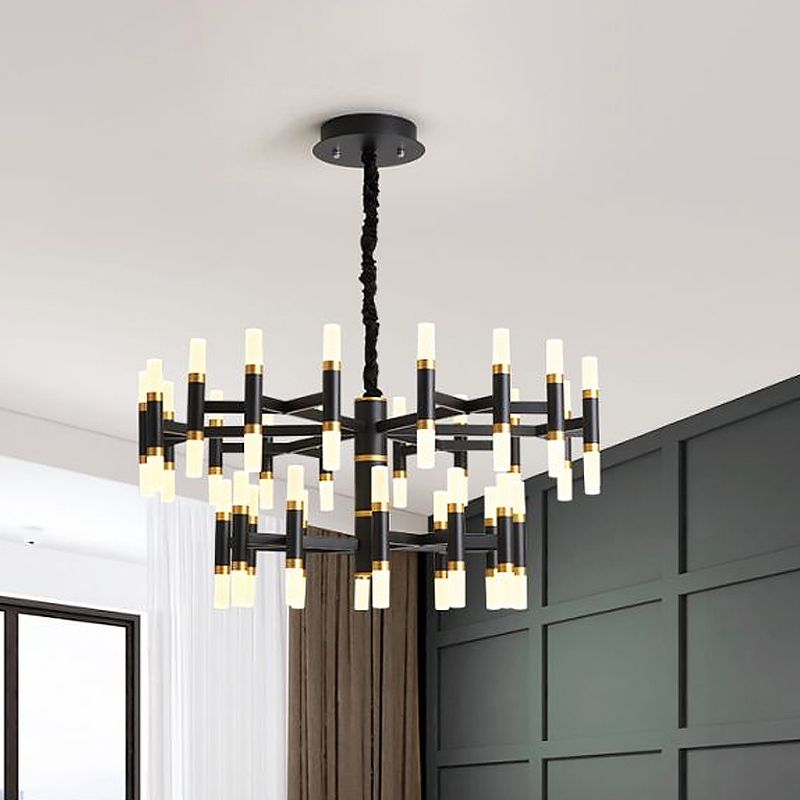 24/36/60 Lights LED Bedroom Chandelier with Tubular Iron Shade Modern Black/White Ceiling Pendant