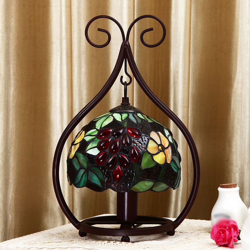 Green Floral and Bird Pattern Nightstand Lamp Classic Single Stained Glass Table Lighting