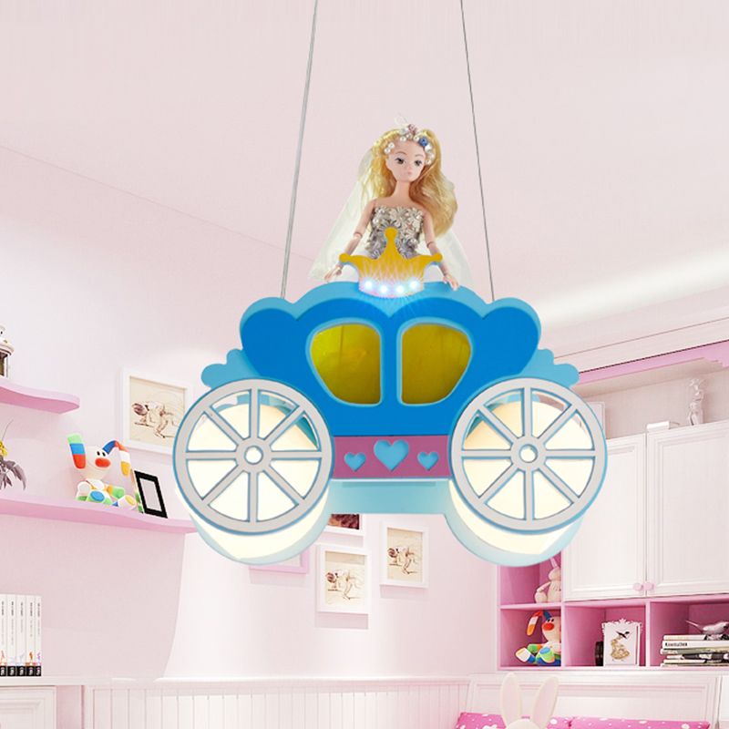 Princess Carriage Ceiling Lamp Kids Frosted Glass 2 Lights Blue Multi Light Pendant for Bedroom