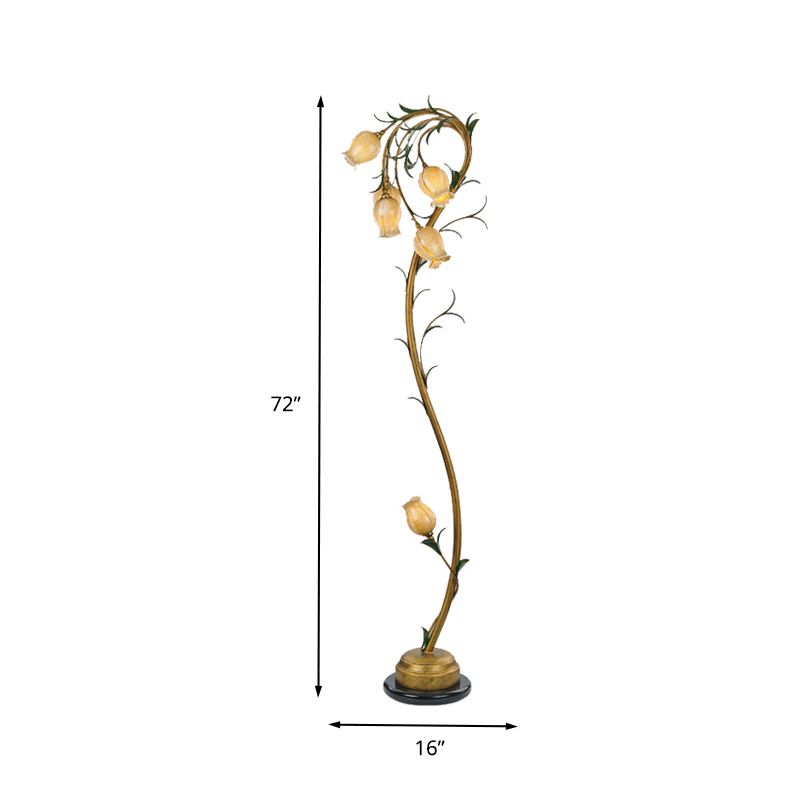 6 Lights Beige Glass Tree Floor Lamp Rural Floral Bedroom Standing Light in Brass for Bedroom