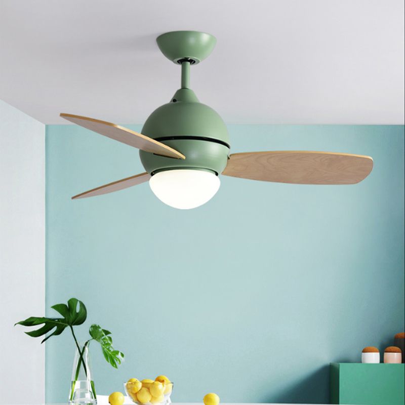 Modernist Bowl Metal Fan Light LED Semi-Flush Mount in Pink/Yellow/Green with 3 Wood Blades for Living Room, 34" Width