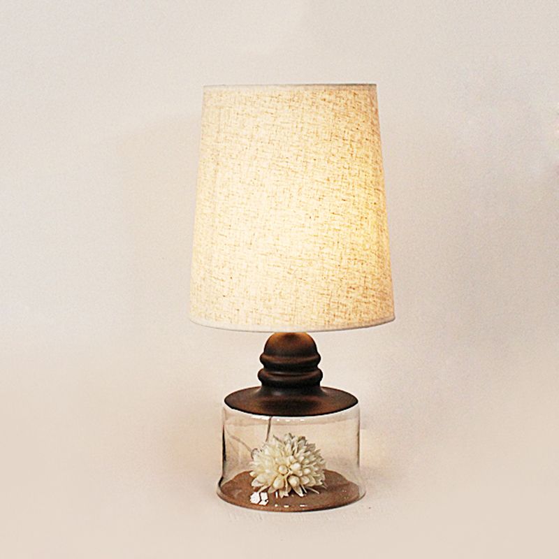 Pastoral Bucket Table Lamp 1-Bulb Fabric Night Light in Clear/Blue/Black with Dried Flower and Glass Base