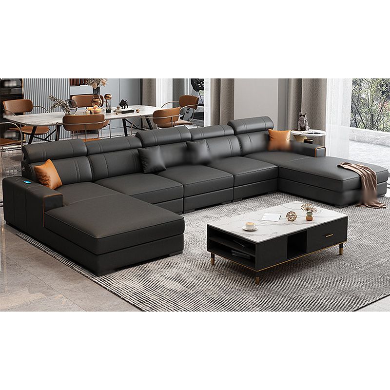 Square Arm Sectional Dark Gray Cushion Back Storage Faux Leather Living Room Sofa