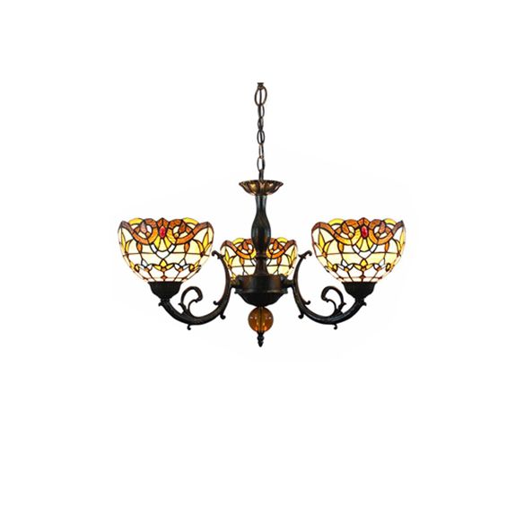 Beige Bowl Shade Chandelier Vintage Stained Glass 3 Lights Inverted Chandelier with Chain for Bedroom Lighting