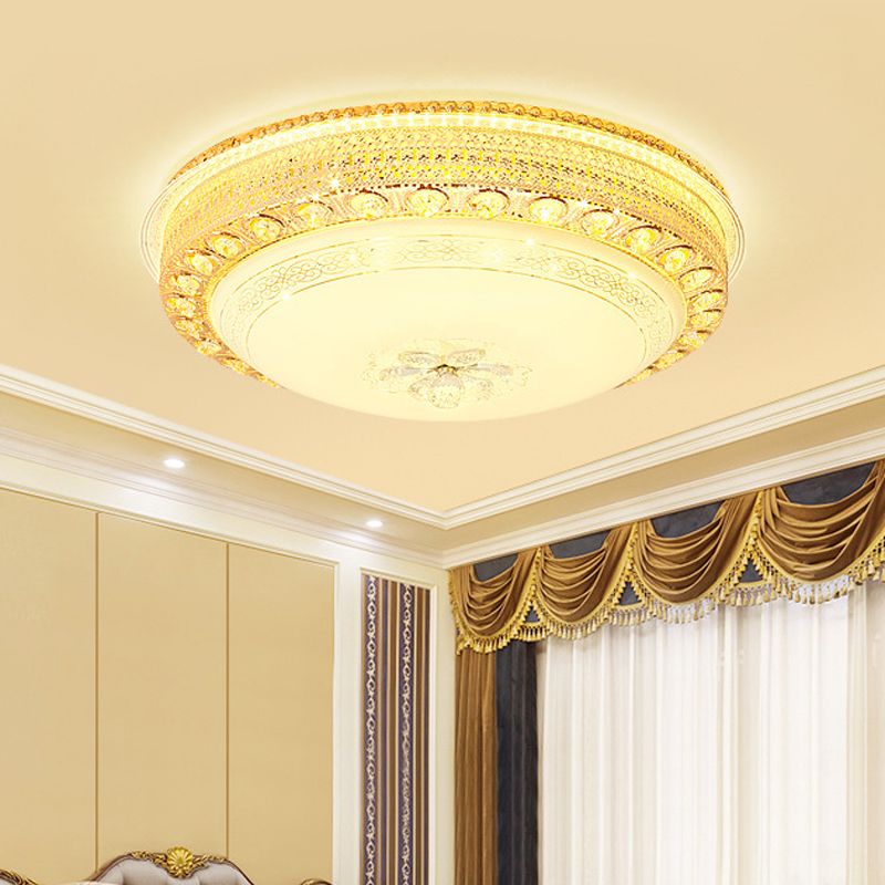 Opal Glass Bowl Flush Light LED Modernism Flush Ceiling Light with Crystal Accent and Hollow Out Design in Gold