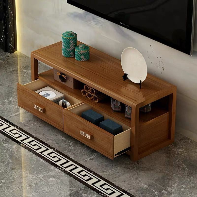 Brown Rubber Wood TV Stand Contemporary Style TV Cabinet with 2 Drawers