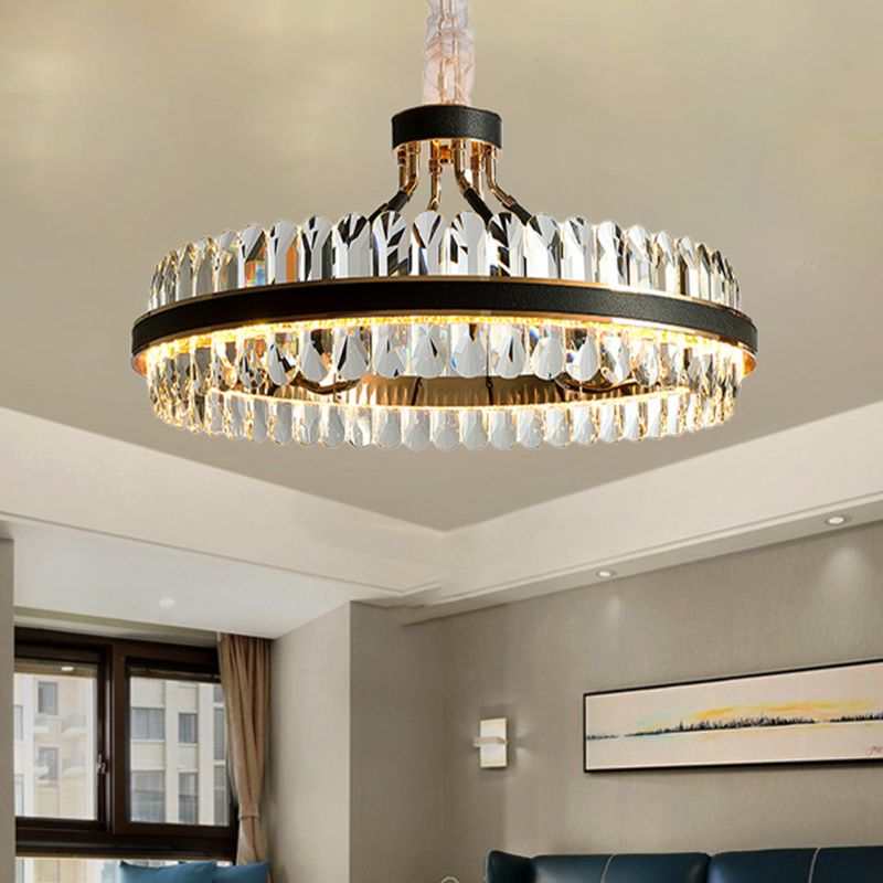 LED Living Room Chandelier Lighting Black Pendant Light Fixture with Round Beveled Crystal Shade