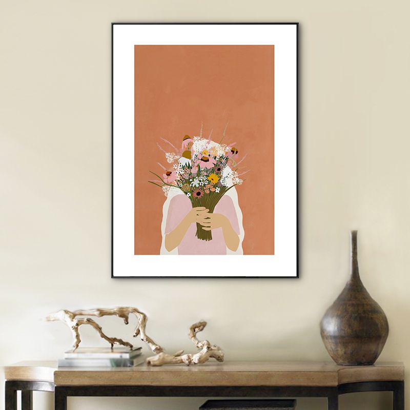 Girl Holding Bouquet Drawing Canvas Textured Nordic Bedroom Wall Art Print in Orange