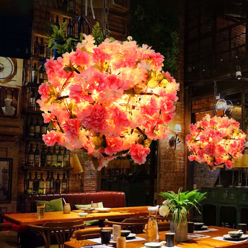 Ball Restaurant Kronleuchter leichter Industrial Metal 4 Lampen Rosa LED Hängende Lampe mit Kirschblüte