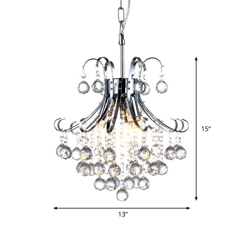 Curvy Arm Chandelier Light Modern Crystal 3 Lights Chrome Ceiling Light for Dining Room