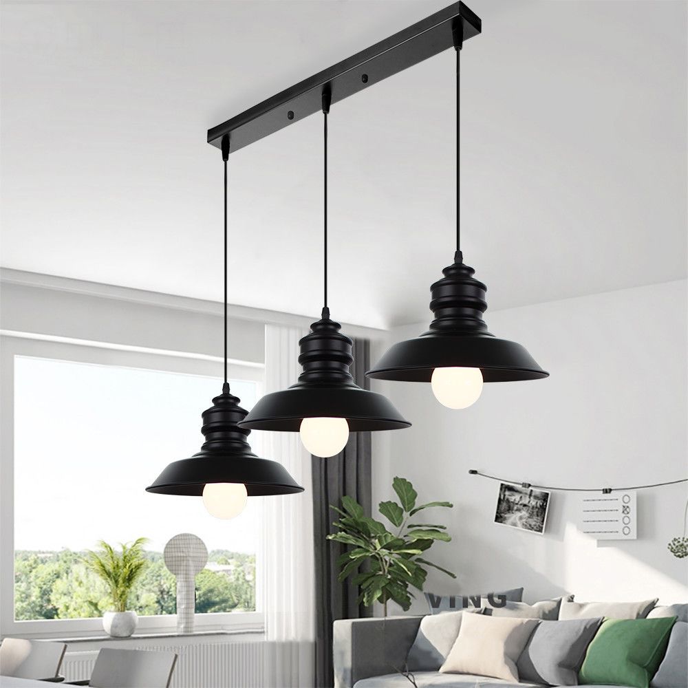 Bauernhaus Scheune Pendelleuchte 3 Lichter Metallic Hanging Leuchte mit runden/linearen Baldachin in Schwarz