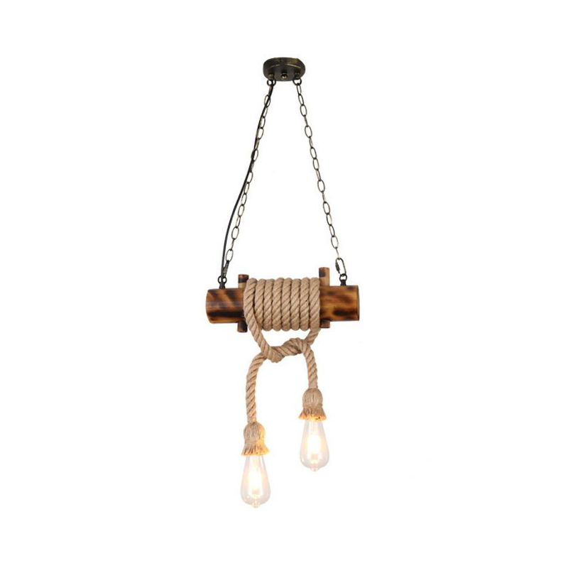 2-Head Exposed Bulb Design Drop Lamp Lodge Brown Hand Made Hemp Rope Pendant Chandelier