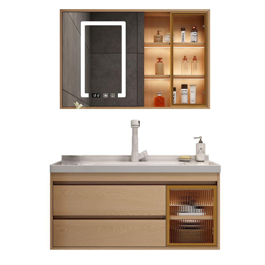 Wall Mount Vanity Mirror Single Sink Rectangle Door Wood Vanity with Drawers