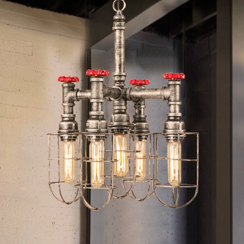 5 Lights Ceiling Light Industrial Caged Amber Glass Hanging Chandelier in Silver with Valve