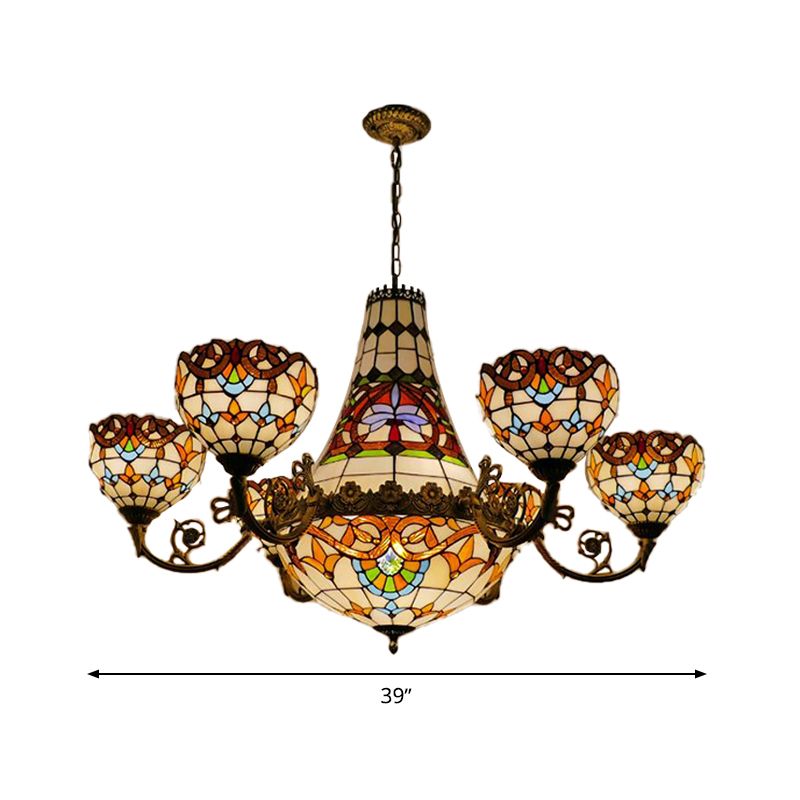 11/13 Lights Dining Room Pendant Chandelier Tiffany Brass Down Lighting with Dome Stained Glass Shade, 39"/47" Wide