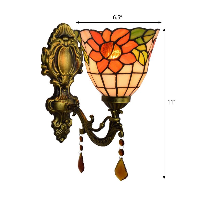 Bowl Wall Sconce Lamps Tiffany Stained Glass 1 Bulb Floral Wall Sconce Lights with Crystal in Orange