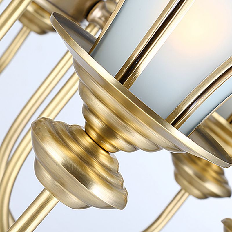 8 Lights Ceiling Chandelier Colonialism Flower White Frosted Glass Pendant Light in Gold with Curved Arm